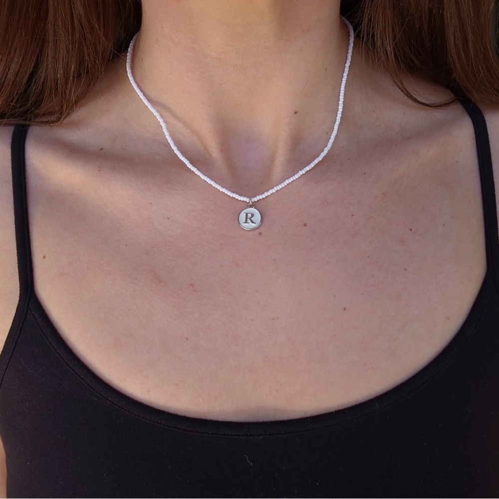 White Beaded Initial Necklace “R” | Minimalist Letter Charm